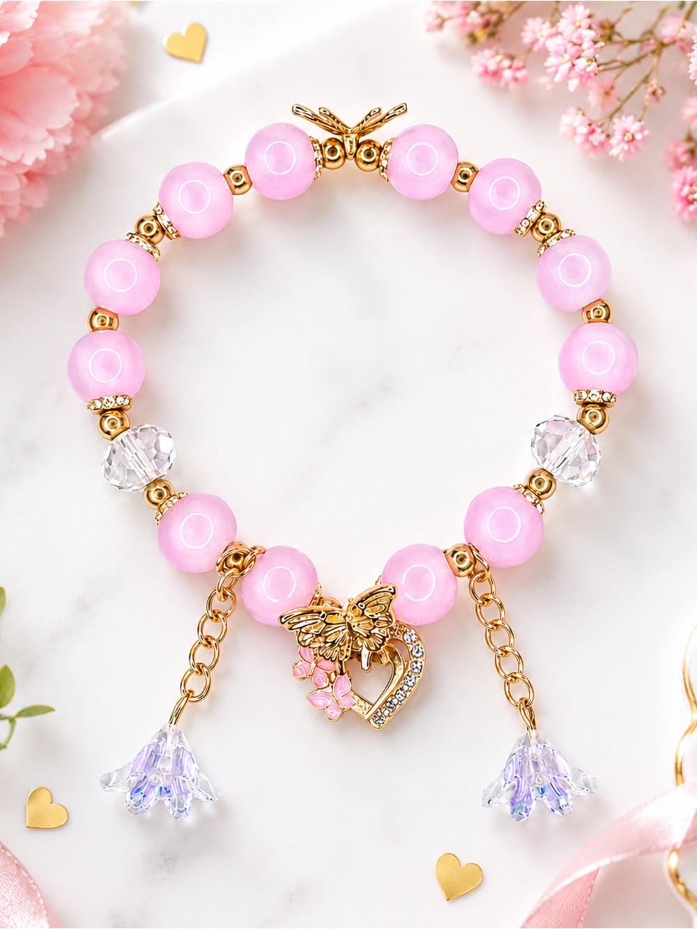 Butterfly & Heart Pink Beaded Charm Bracelet